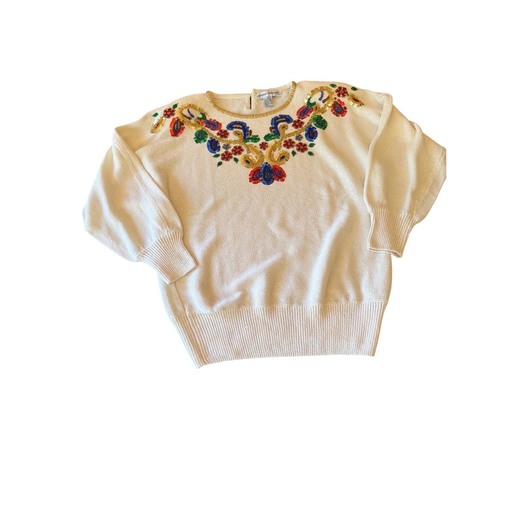 Victoria Harbour Sweater Cream Beaded Sequin Floral Vintage 80s Ramie Cotton M